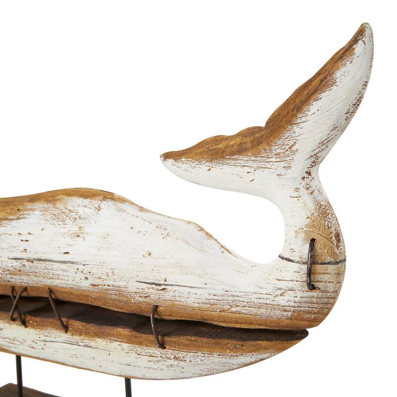 Wood Whale Handmade Decorative Sculpture with Painted White Accents and Metal Details - Brown - Roche River Decor