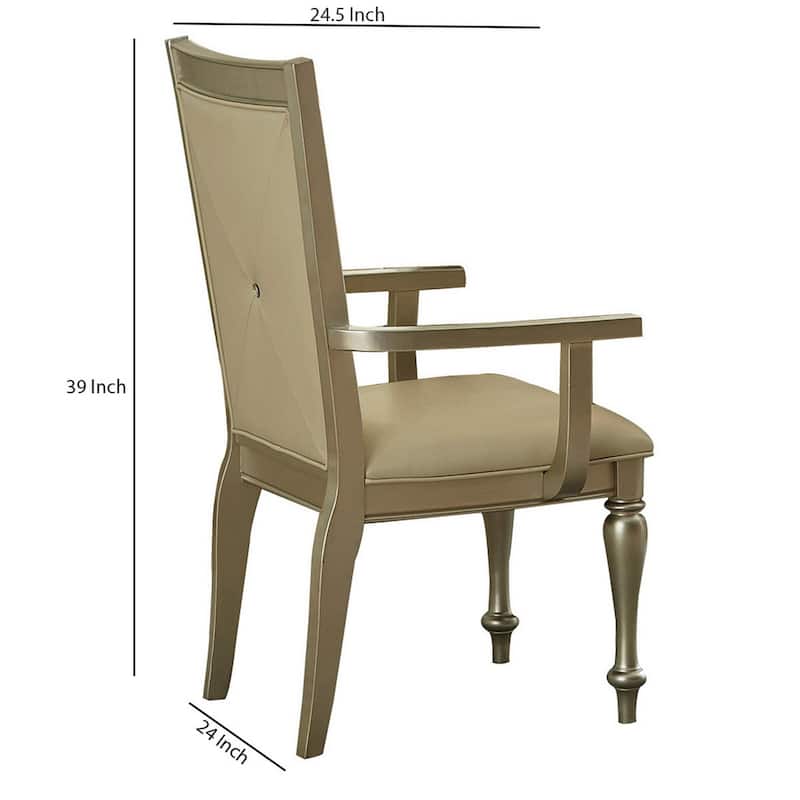 Wooden Arm Chair with Crystal Tufted Leatherette Backrest, Gold
