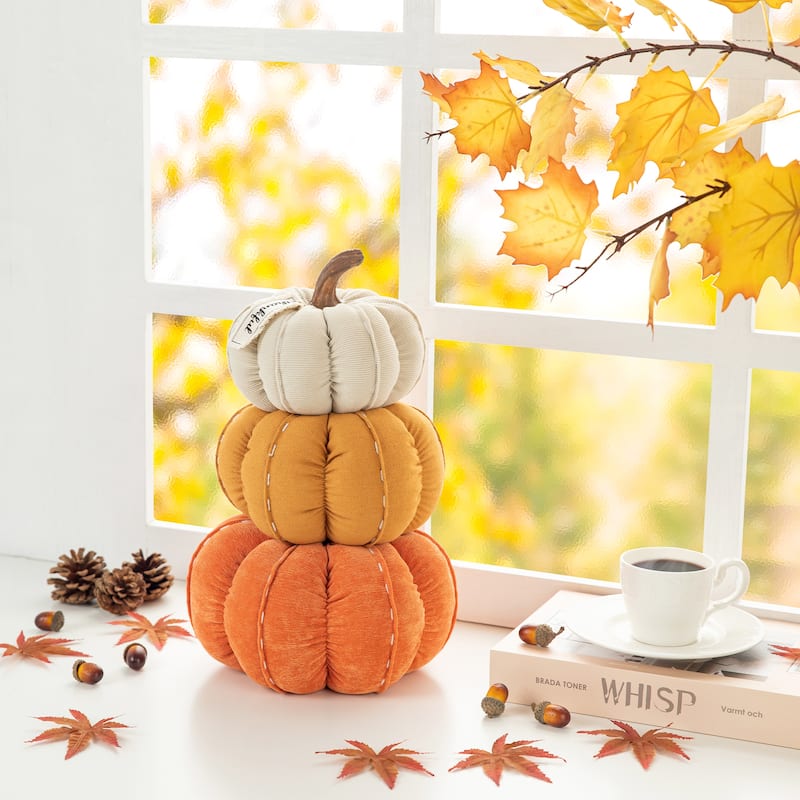 Glitzhome 13"H Fall Stacked Fabric Pumpkin Thanksgiving Table Centerpieces Decor