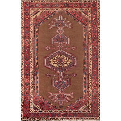Brown Geometric Hamedan Vintage Persian Area Rug Handmade Wool Carpet - 4'6"x 7'1"