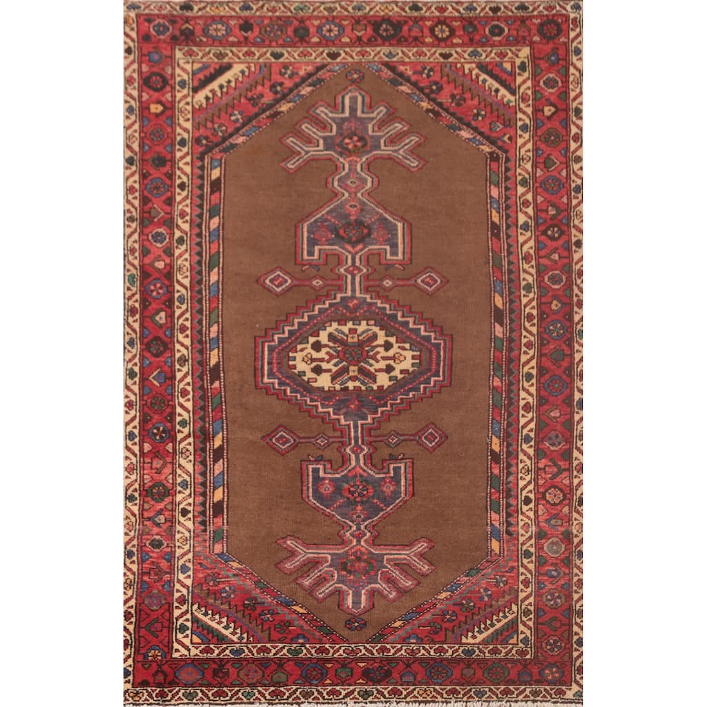 Brown Geometric Hamedan Vintage Persian Area Rug Handmade Wool Carpet - 4'6"x 7'1"