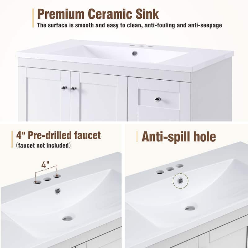 Roomfitters Shaker Style 72" Freestanding Bathroom Vanity Cabinet with Ceramic Sink, Soft-Close Doors and Drawers