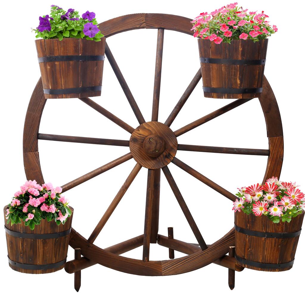Wood wagon wheel barrel planter, Wagon Wheel Barrel Planter Display