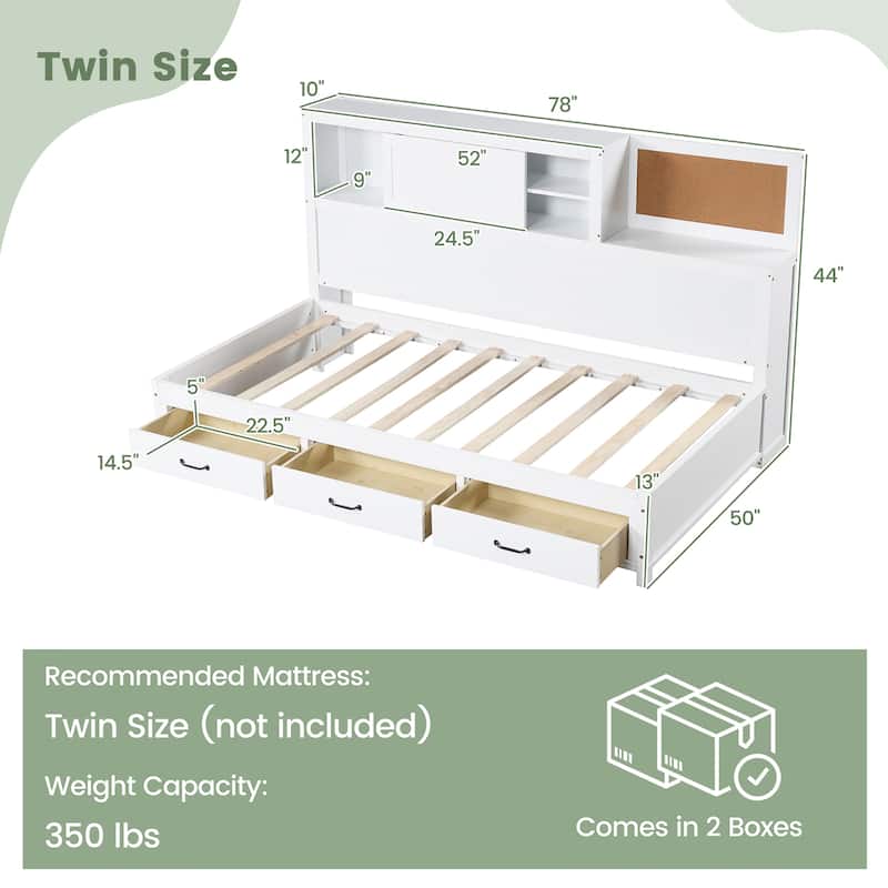 Gymax Twin Size Daybed w/ 3 Drawers Wooden Sofa Bed Frame w/ Storage