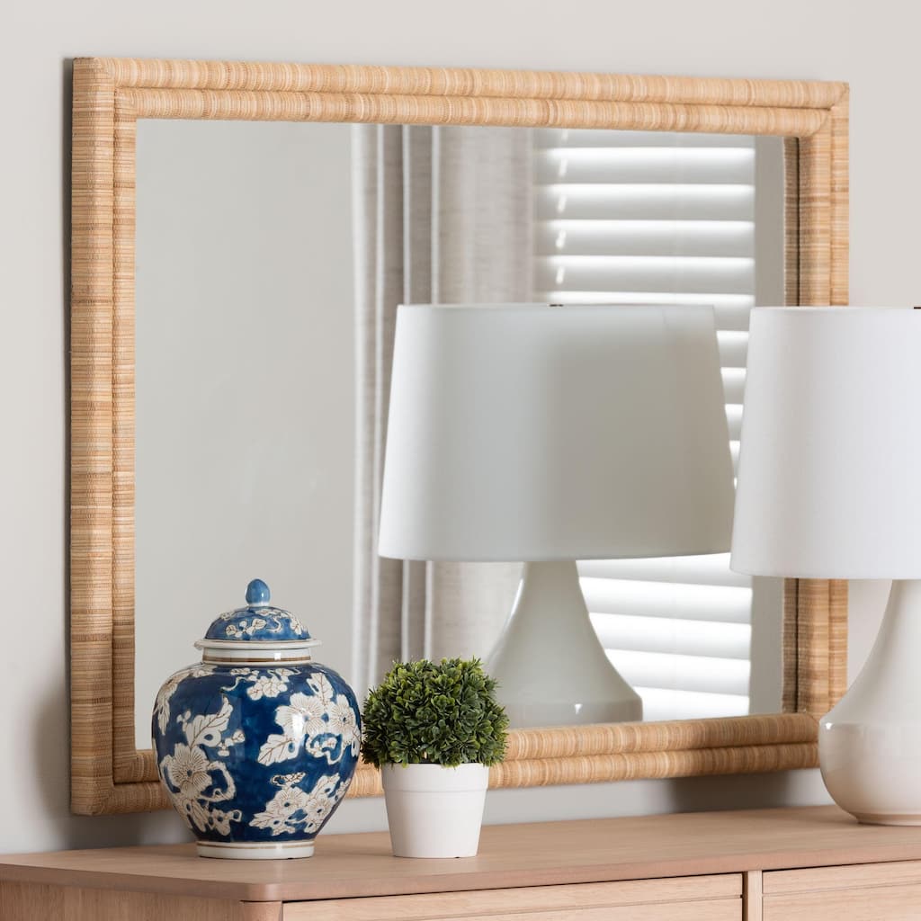 Canan Grasscloth Wall Mirror - Handwoven Rectangle Frame Accent Mirror for Bedroom, Entryway, or Living Room - Light Brown