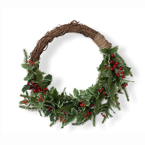 Christmas Cheer Holly and Pine Vine Wreath - Green/Red - 26"L x 23"W x 7"H