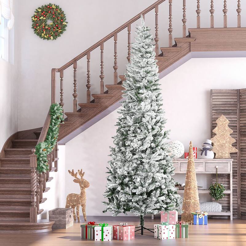 9FT Snow-Flocked Pencil Christmas Tree, Slim Design with Auto-Open Branches and Sturdy Base