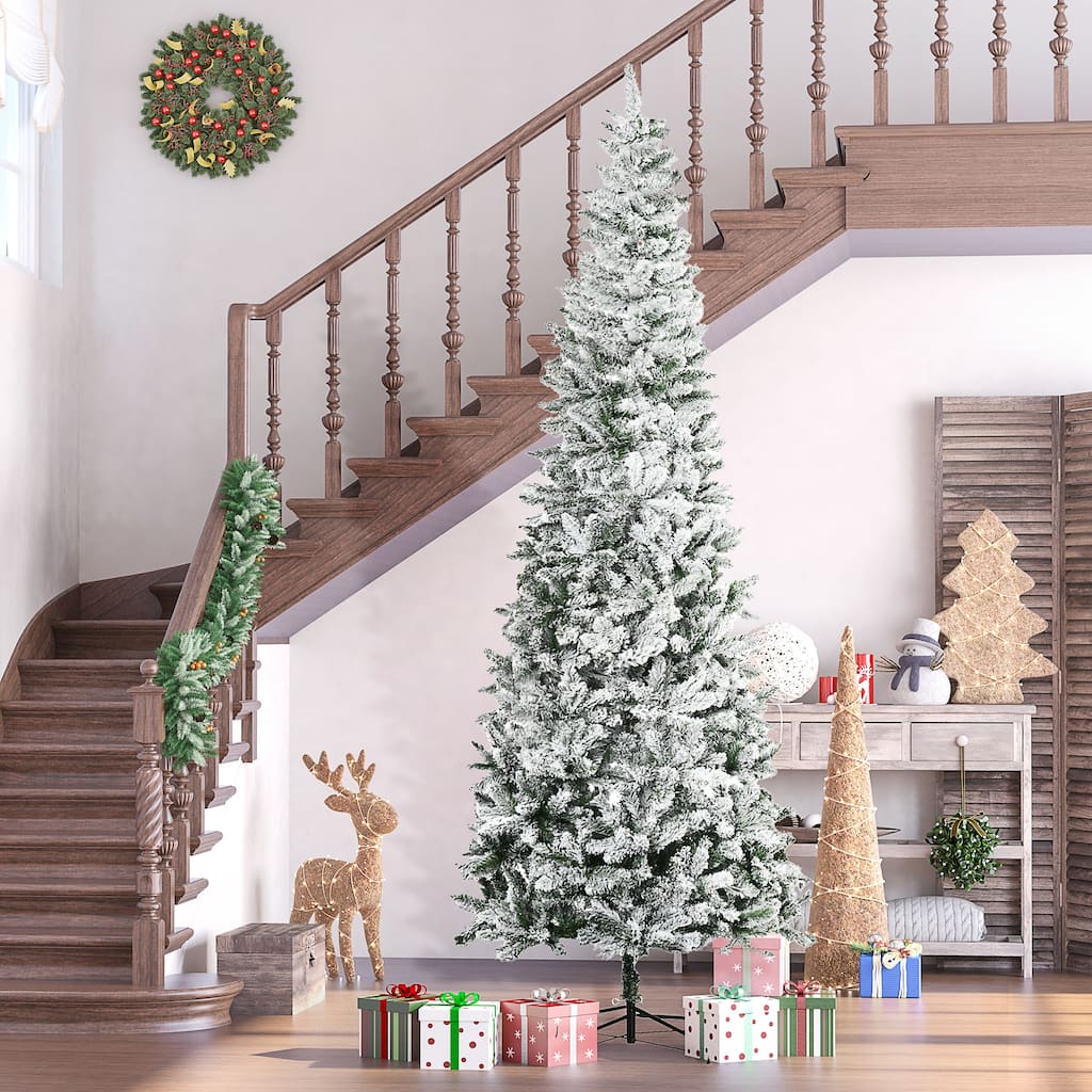 9ft Slim Pine Christmas Tree with Flocked Branches and Sturdy Steel Base