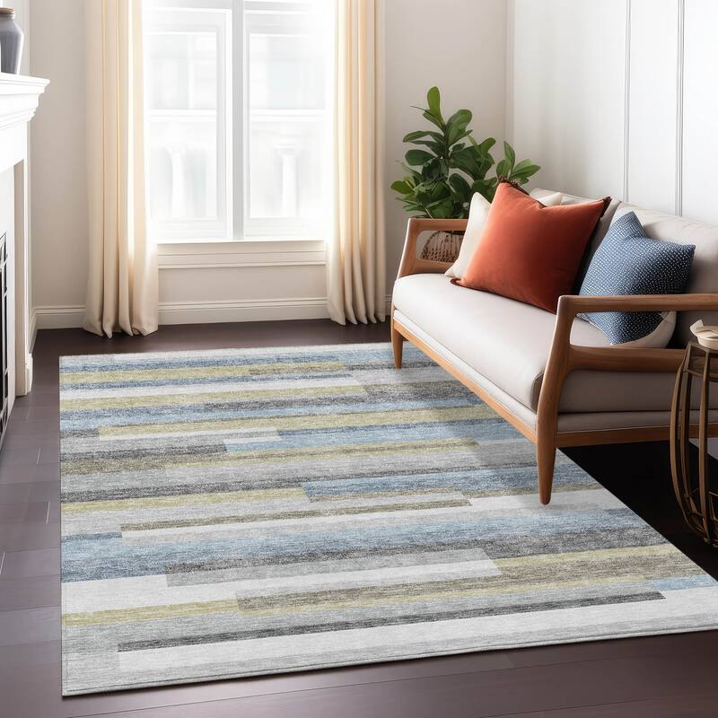 Machine Washable Indoor/ Outdoor Chantille Contempory Stripe Rug