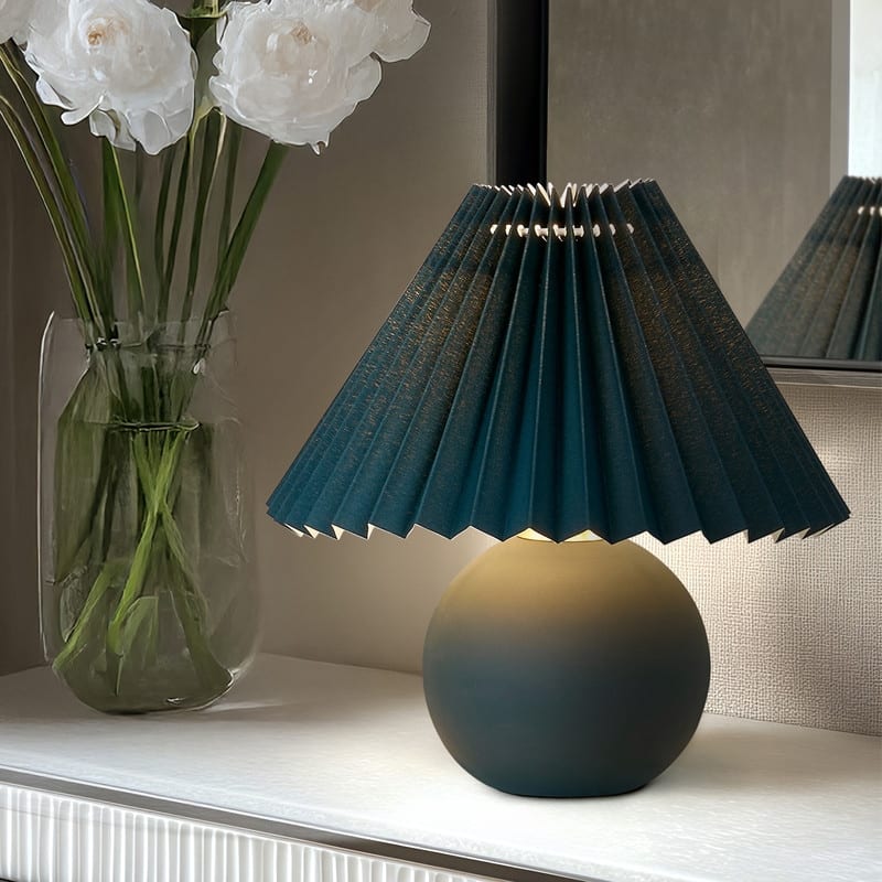 Brightech Serena LED Matte Green Midcentury Round Globe Bedside Nightstand Desk Lamp with Green Pleated Empire Shade