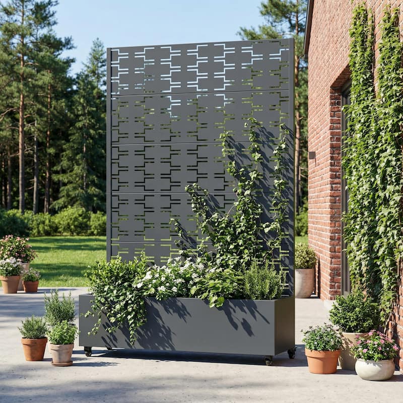 Metal Planter Box with Trellis Privacy Screen Planter Box with Lockable Wheels - Dark Grey-Rectangle - 72"x47"