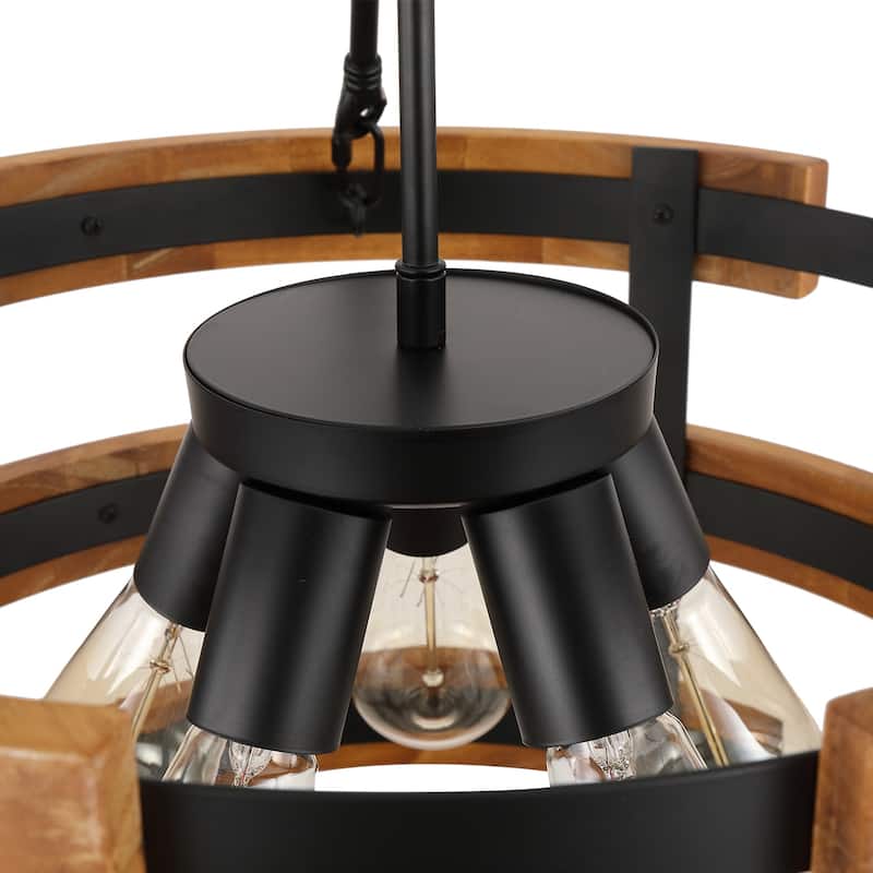Modern Farmhouse 5-Light Drum Wood Chandelier Round Pendant Lights for Dining Room - 18" D x 24" H