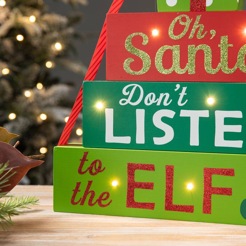 Glitzhome Christmas Table Decor Wooden Signs with Sayings Oh Santa Don’t Listen to the Elf