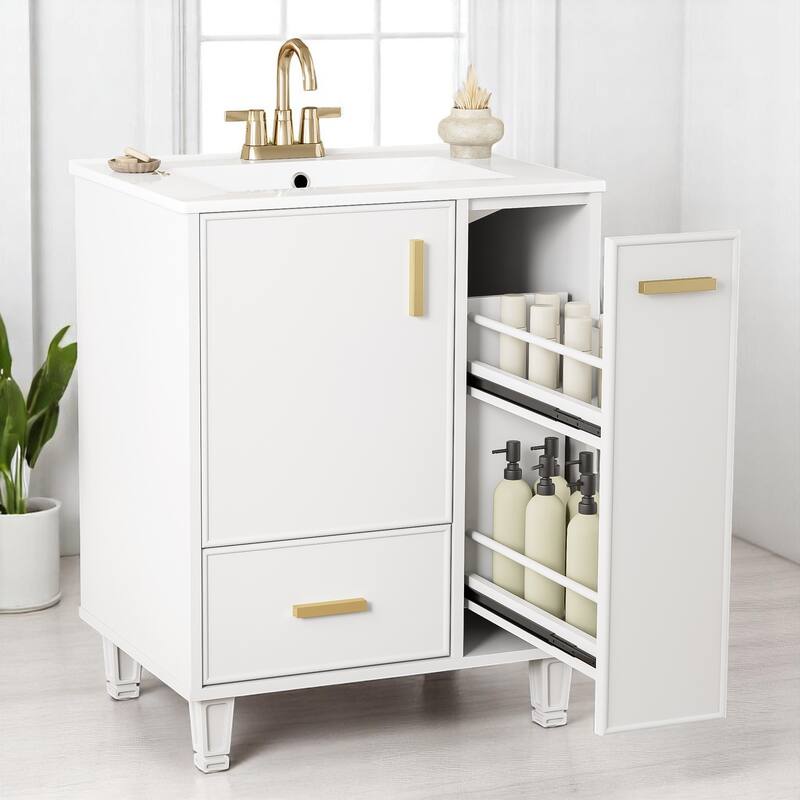 24" Bathroom Vanity with Sink, Freestanding Cabinet with Drawer, Pull-Out Basket & Shelf, Soft-Close Door, Ceramic Basin