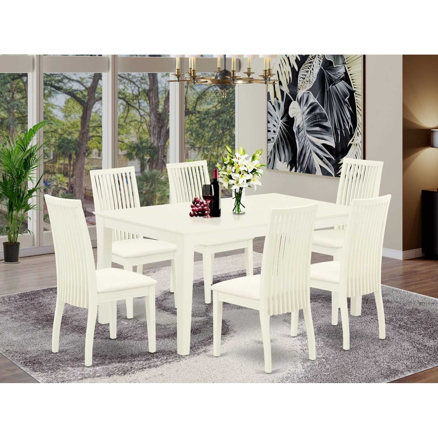HomeStock 7-Piece Rectangle Linen White Finish Solid Wood Top Dining Table with 6 Chairs