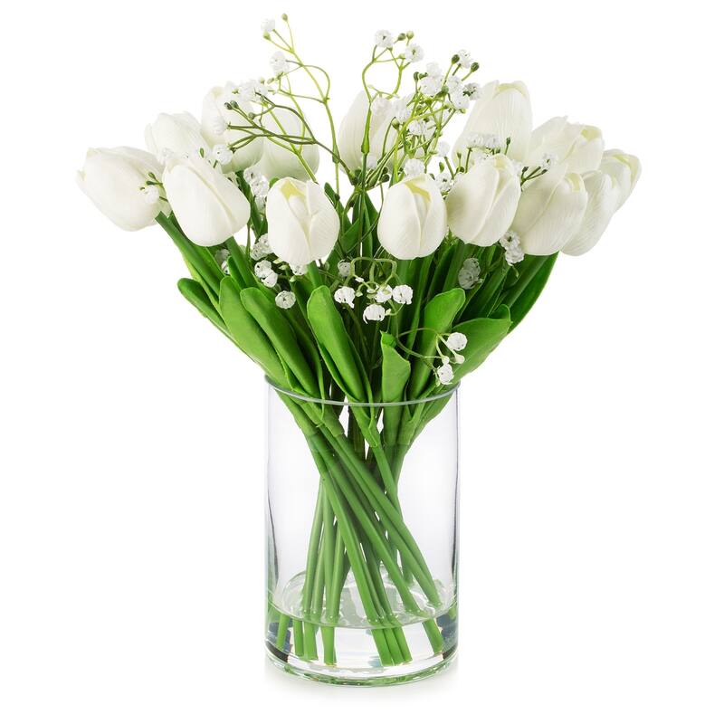 Enova Home 18 Mixed Artificial Real Touch Tulip Flower Arrangement in Clear Glass Vase with Faux Water for Home Decoration - White