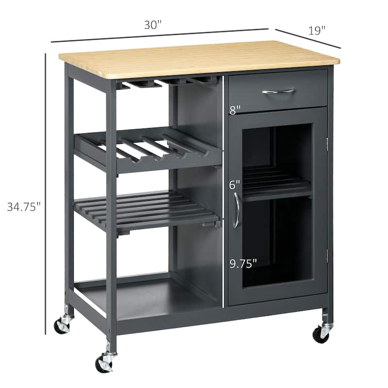 Rolling Kitchen Island with Storage, Kitchen Cart with 4-bottle Wine Rack, Stemware Holder, Shelves, Drawer and Cabinet