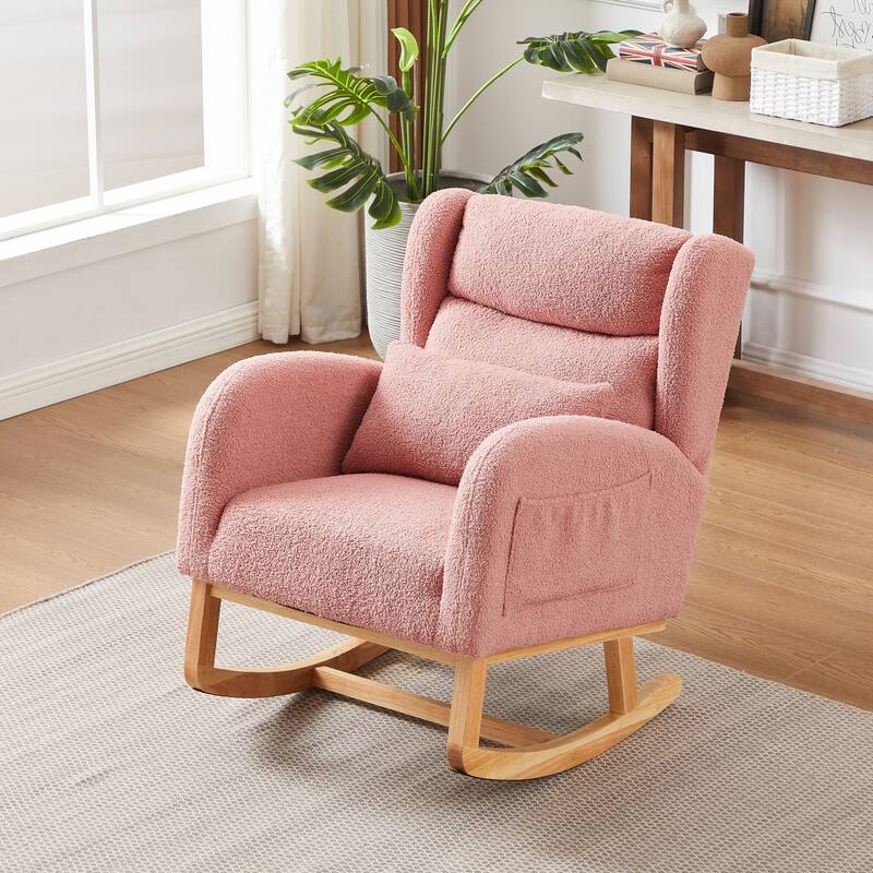Modern Accent Rocking Chair with Pillow, High Backrest Arm Chair Accent Chair Glider Lounger with 2 Side Pockets for Living Room