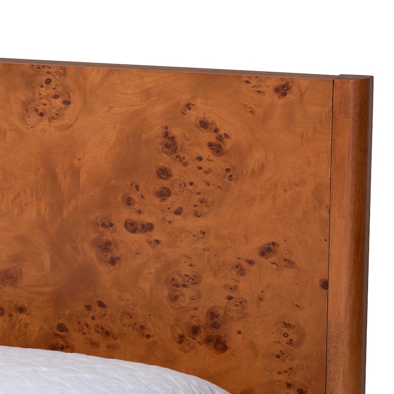 Fuentes Real Burl Wood Bed Frame - Modern Low-Profile Platform Bed with Accent Footboard, Mid-Century Inspired Furniture, Queen