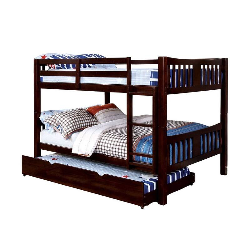 Full Over Full Bunk Bed with Attached Ladder, Trundle Included, Solid Wood Construction in Dark Walnut Finish