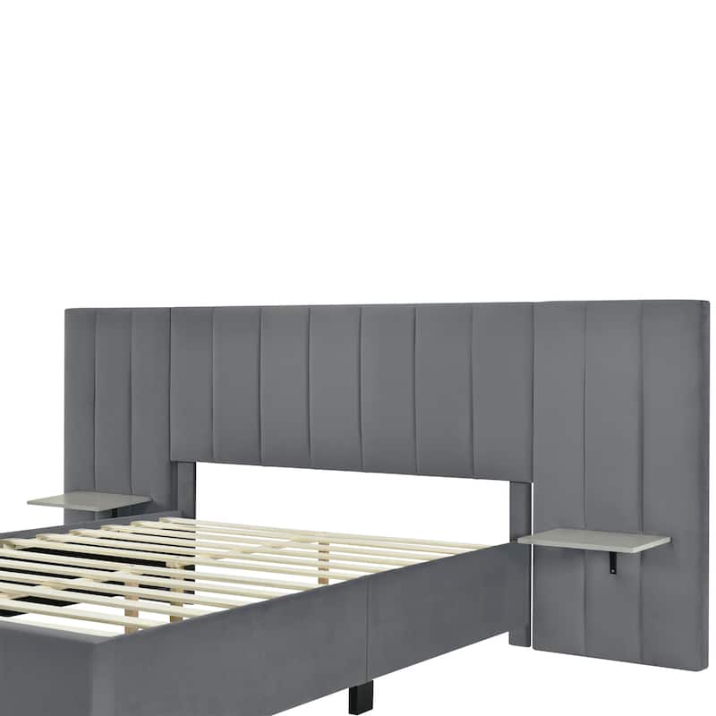 Queen Size Upholstered Platform Bed with Big Headboard, Bedroom Furniture, Velvet, Beige