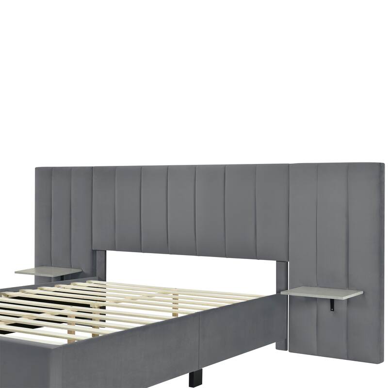 Upholstered Platform Bed with Oversized Headboard and 2 Side Shelves, Comfort & Soft Velvet Bed Frame Vertical Stripes Backerest
