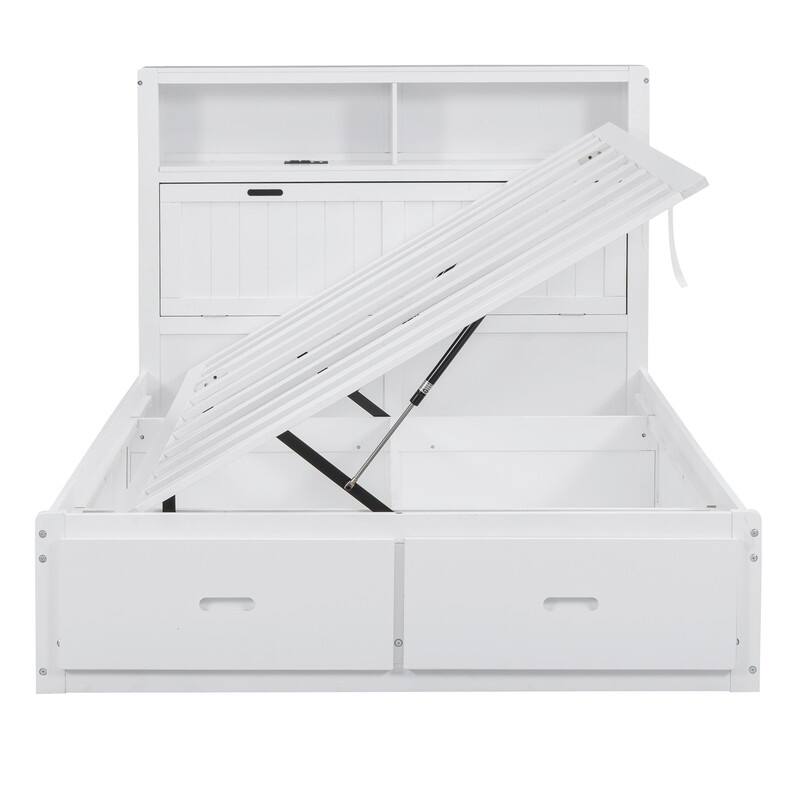Full/Queen Size Hydraulic Storage Platform Bed Frame with LED, Charging Station and 2 Drawers