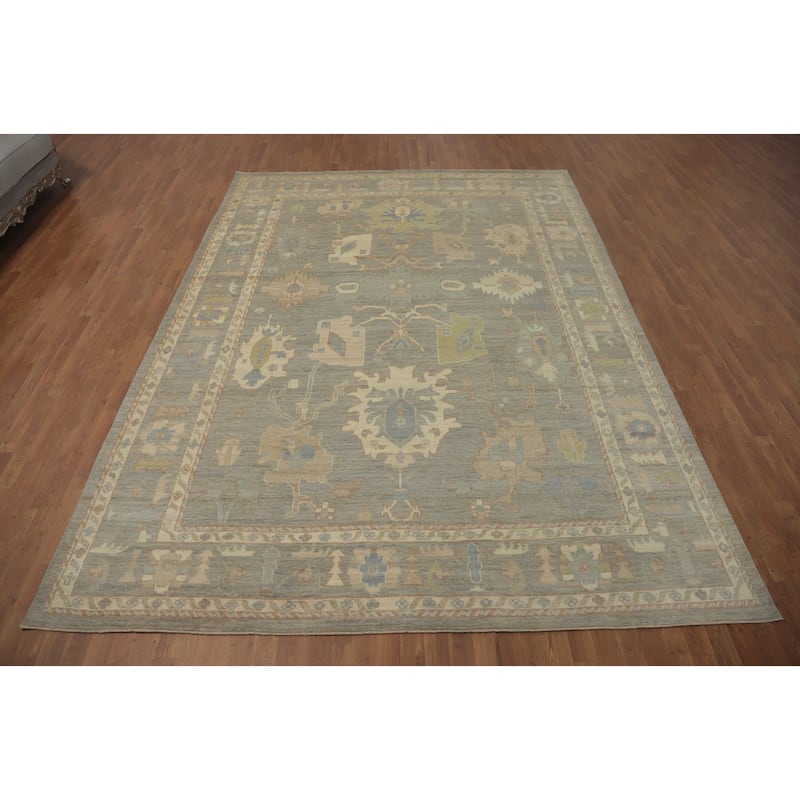 Vegetable Dye Wool Oushak Turkish Area Rug, Floral Geometric Carpet - 12' 0'' X 8' 10''