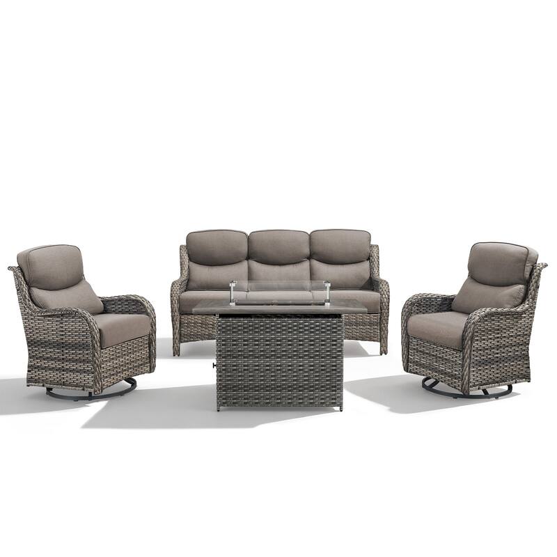 Meyreso 4-Piece Outdoor Patio Wicker Fire Pit Conversation Set with 5-Inch Thick Olefin Cushions