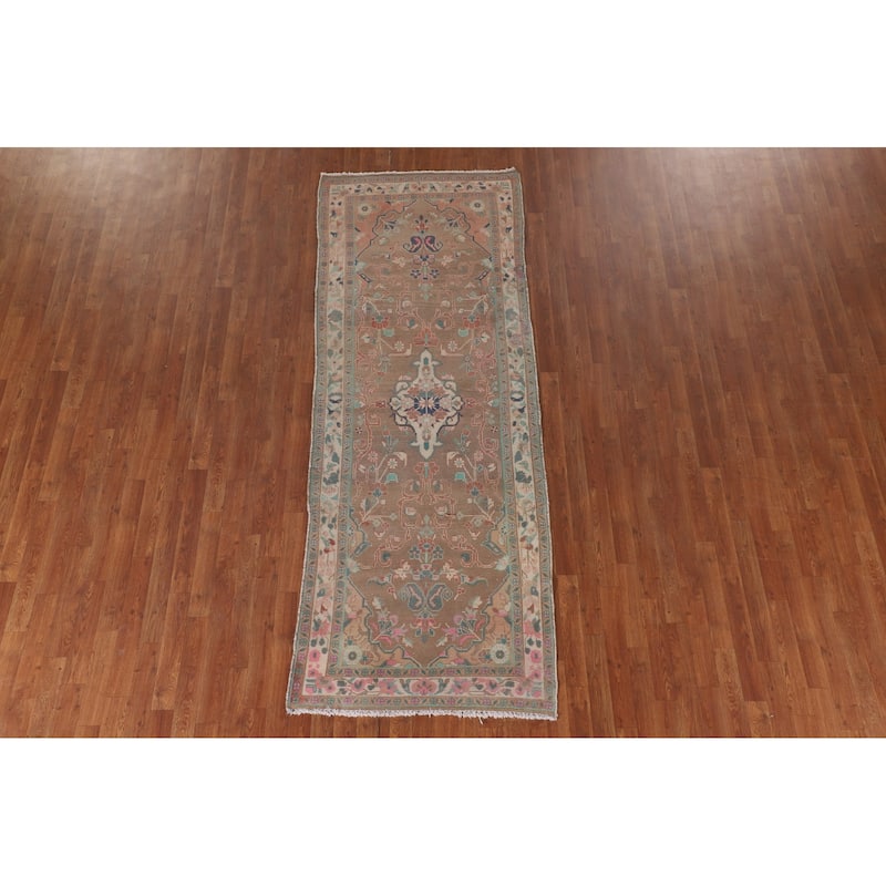 Brown Mahal Persian Vintage Runner Rug Handmade Wool Carpet - 3'4" x 9'3"