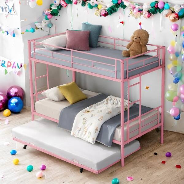 slide 2 of 54, Twin over Twin with Trundle Metal Bunk Bed,No Box Spring Needed,Easy Assemble Pink