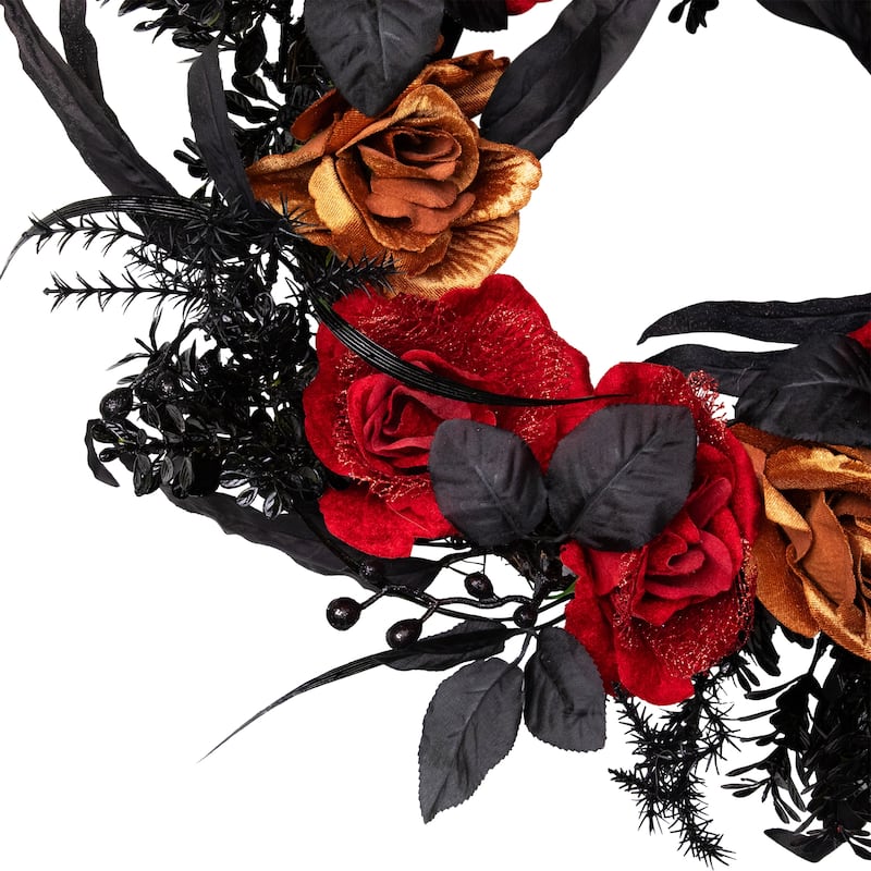 Red and Gold Roses with Black Foliage Halloween Wreath 22-Inch Unlit