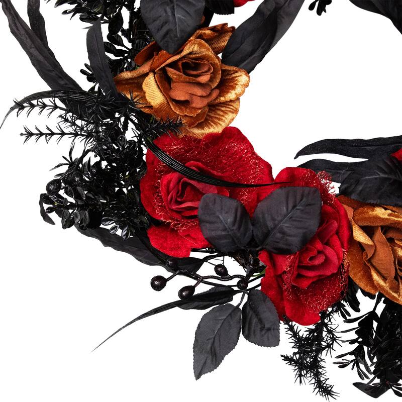 Roses with Mixed Foliage Halloween Wreath - 22" - Red and Gold - Unlit