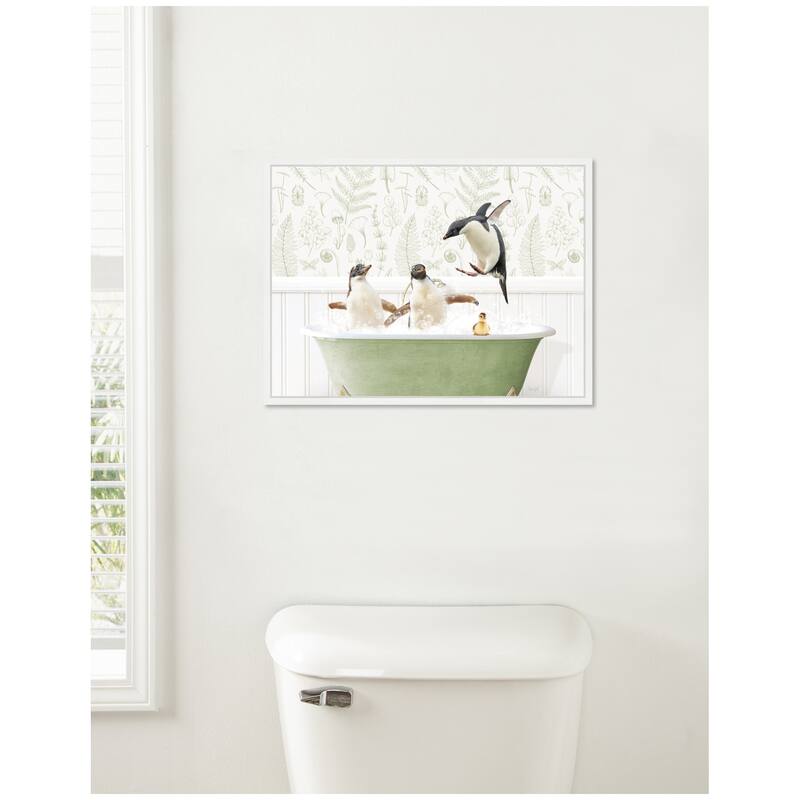 Kate and Laurel Sylvie Penguins in Fern Bath Framed Canvas by Amy Peterson