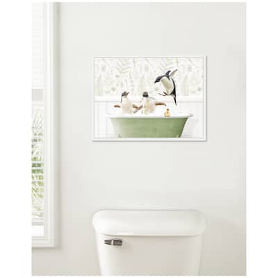 Kate and Laurel Sylvie Penguins in Fern Bath Framed Canvas by Amy Peterson
