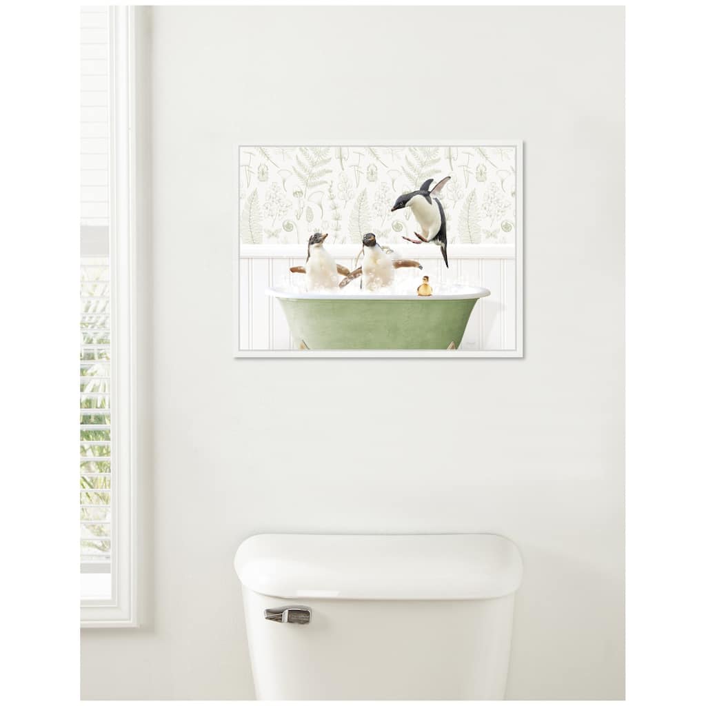 Kate and Laurel Sylvie Penguins in Fern Bath Framed Canvas by Amy Peterson