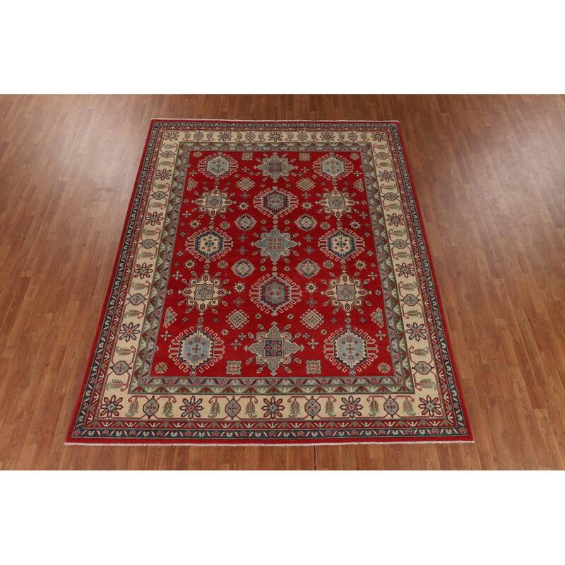 Traditional Red Geometric Kazak Oriental Area Rug Handmade Wool Carpet - 8'1" x 10'0"