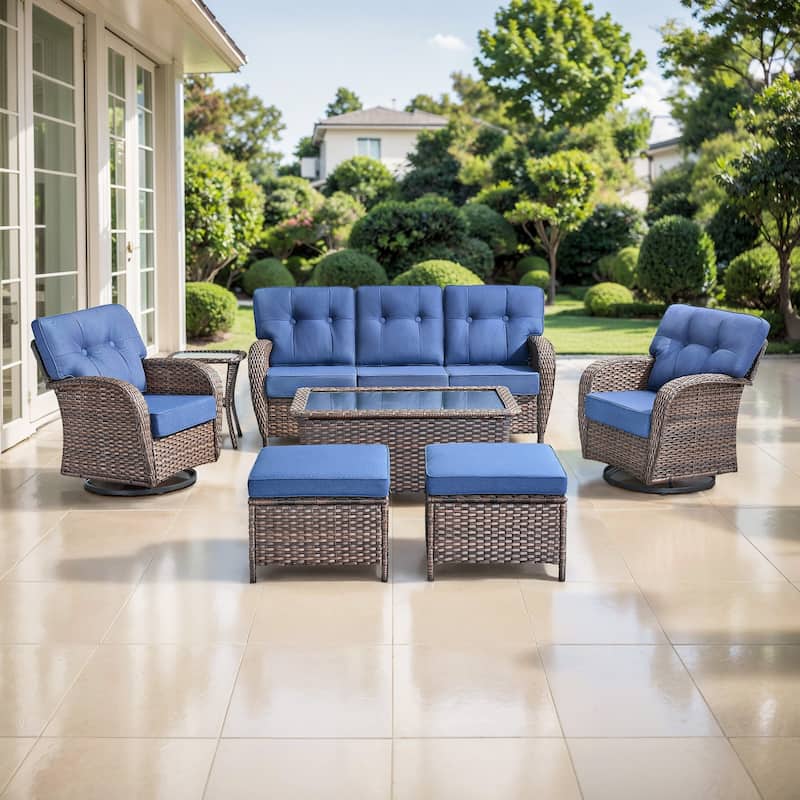 TWrap 7-Piece Patio Brown Wicker Sofa Conversation Set with 5-Inch Thick Cushions - Brown/Navy Blue - 7-Piece