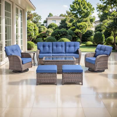 TWrap 7-Piece Patio Brown Wicker Sofa Conversation Set with 5-Inch Thick Cushions