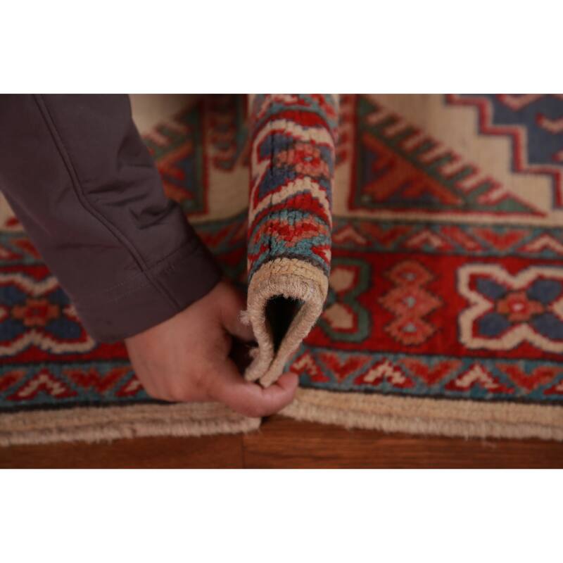 Geometric Beige Kazak Foyer Rug Hand-Knotted Wool Carpet - 2'8"x 4'2"