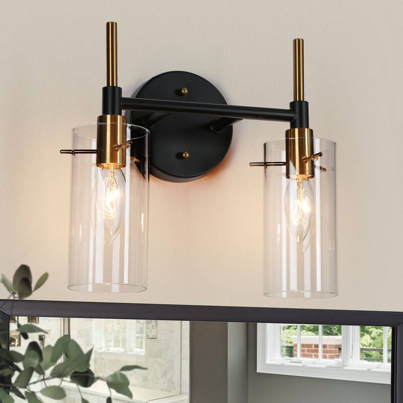Modern Black Gold Bathroom Vanity Light Dimmable Wall Sconces with Cylinder Clear Glass - 2-Light