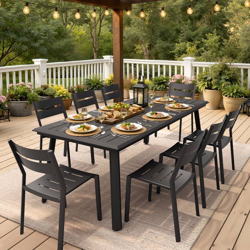 7/9/11/13-Piece Patio Dining Set Outdoor All-Weather Aluminum Dining Table with Umbrella Hole and Stackable Chairs - Set of 9 - with armless chair
