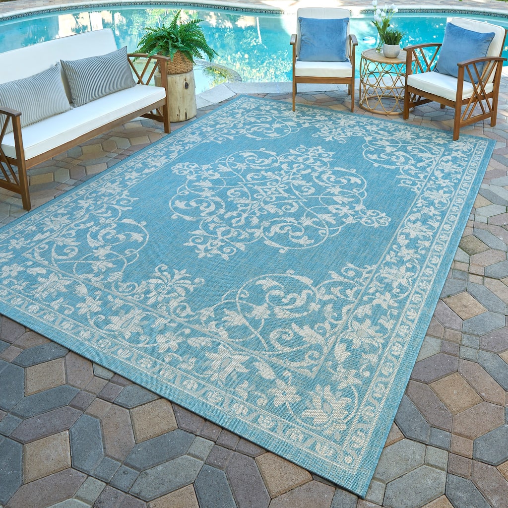 Gertmenian Paseo Ryoan Oasis Aqua/Ivory Traditional Medallion Flatweave Indoor/ Outdoor Area Rug
