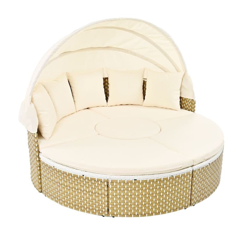 4-piece Outdoor Wicker Patio Round Daybed Sectional Sofa Set with Retractable Canop