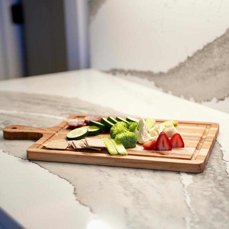 EcoDecors 17" x 10" Teak Cutting Board with Handle & Juice Groove, 100% FSC Certified Edge Grain Wood