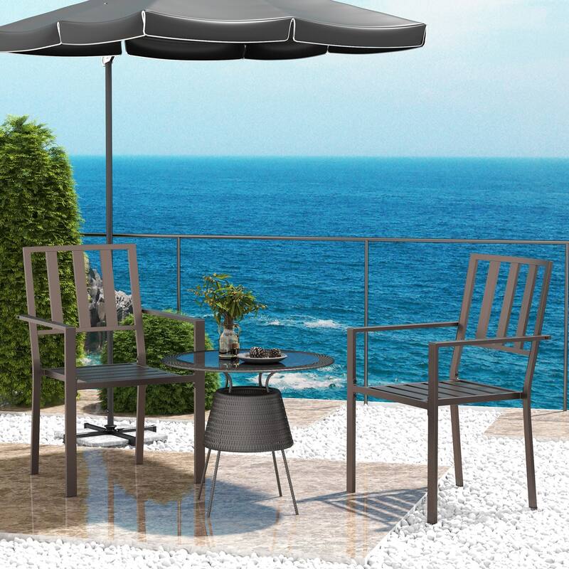Outsunny Set of 2 Patio Dining Chairs, Stackable Outdoor Garden Bistro Chairs with Metal Slatted Seat & Backrest for Yard