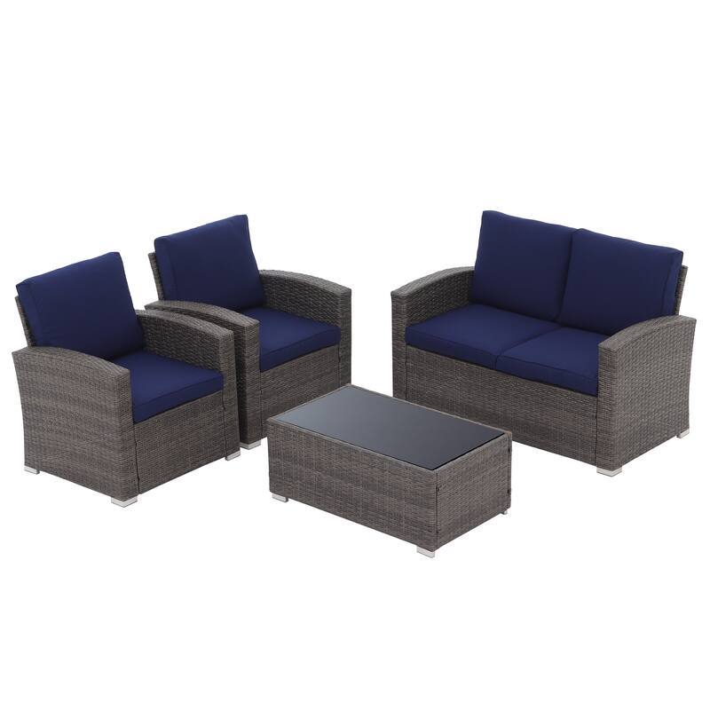 4 Person Patio Rattan Conversation Set with Grey Cushions Outdoor Tempered Glass Table
