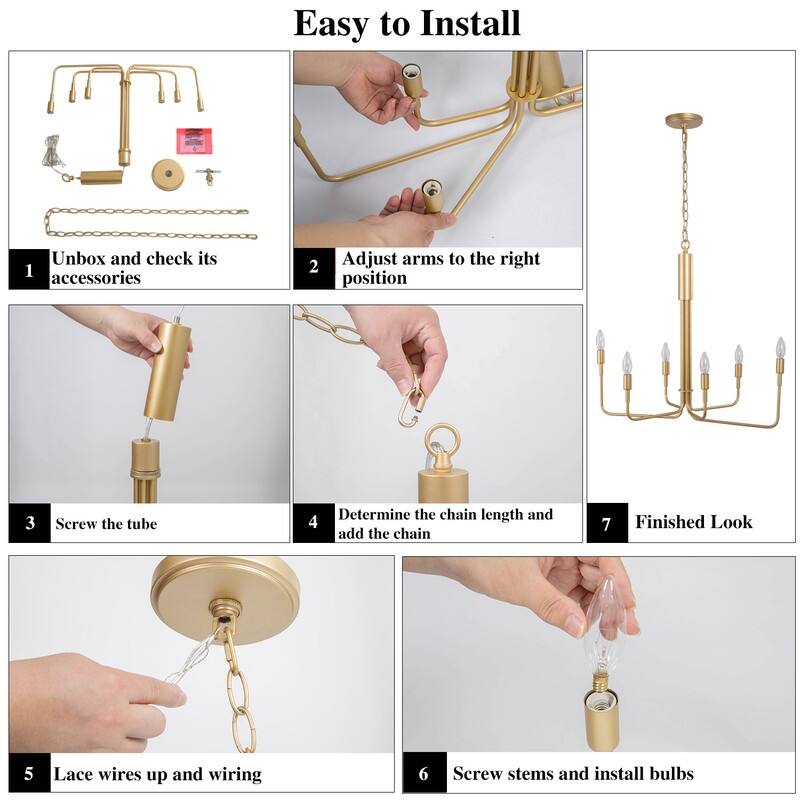 Modern Farmhouse 6-Light Gold Candle Chandelier for Dining Room Bedroom - Dia. 25" x H 23.5"
