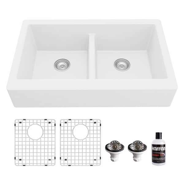 slide 2 of 72, Karran Retrofit Farmhouse Quartz 34 in. Double Bowl 50/50 Sink Kit White