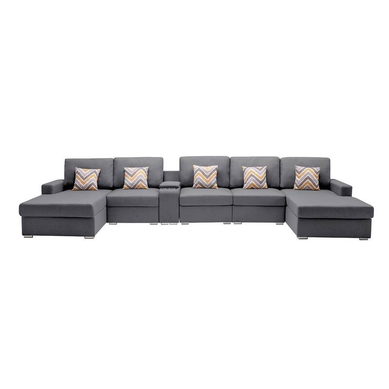 Linen Fabric 6 Piece Double Chaise Sectional Sofa with Storage Console Table and 5 Pillows - Gray